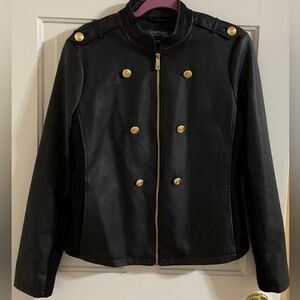 Kenneth Cole Faux Black Zipper leather jacket. Epaulettes, gold buttons L NWT